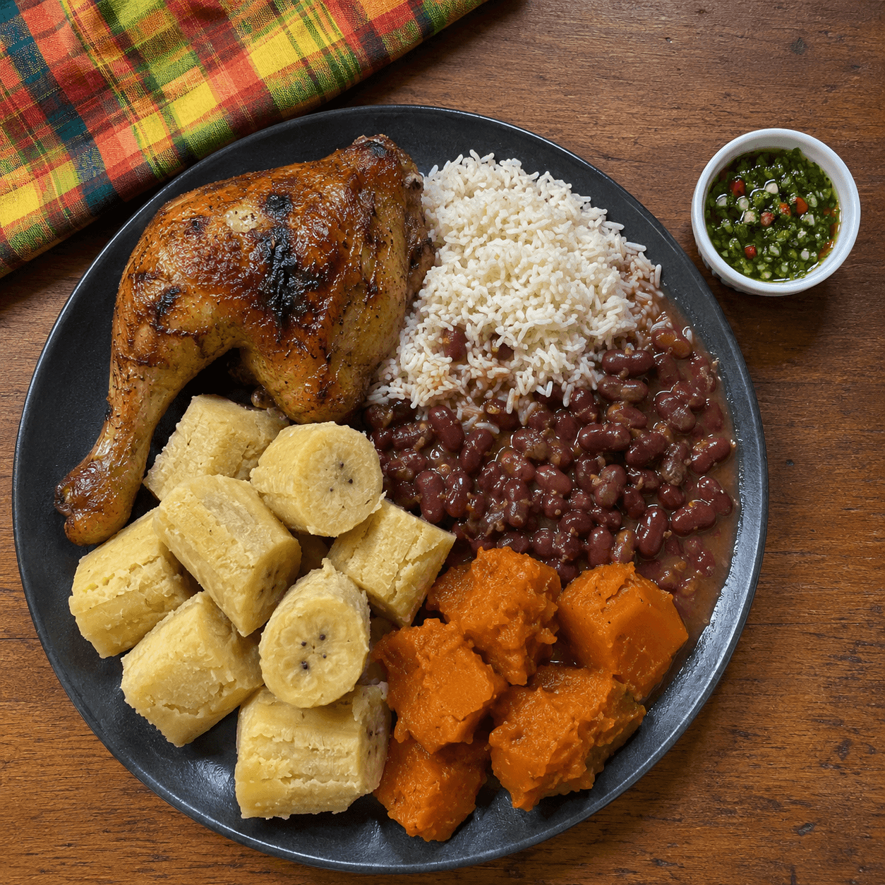 Plat antillais : poulet, riz, haricots rouges, banane plantain, giraumon