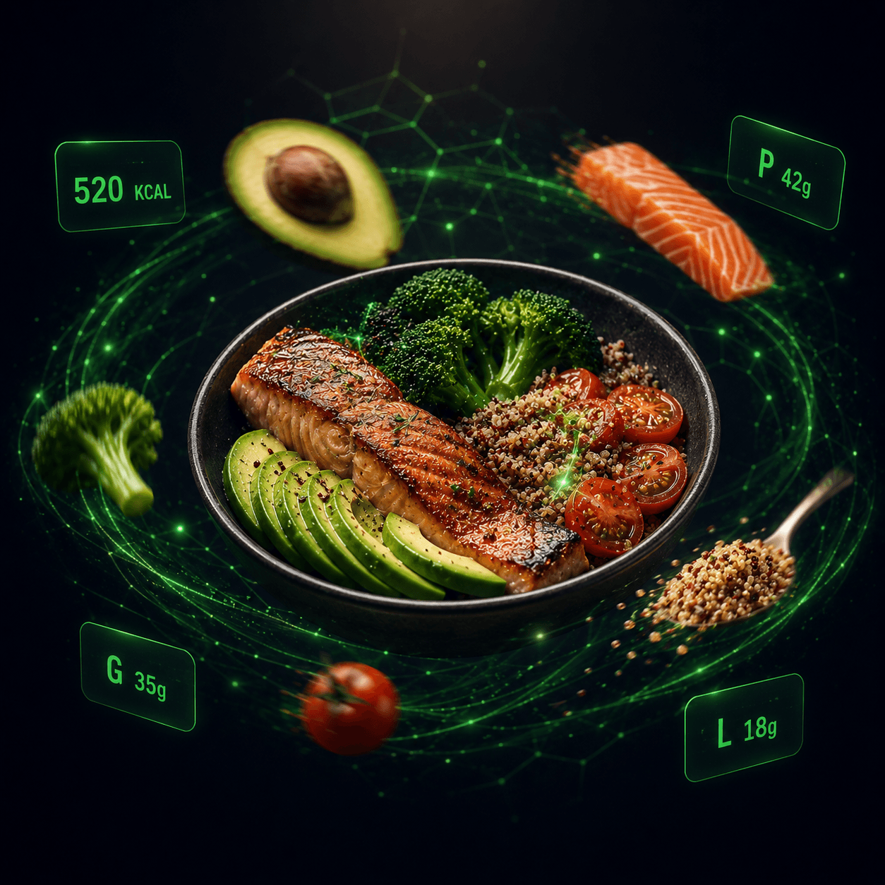 Bowl saumon avocat quinoa avec macros 520 kcal, P 42g, G 35g, L 18g