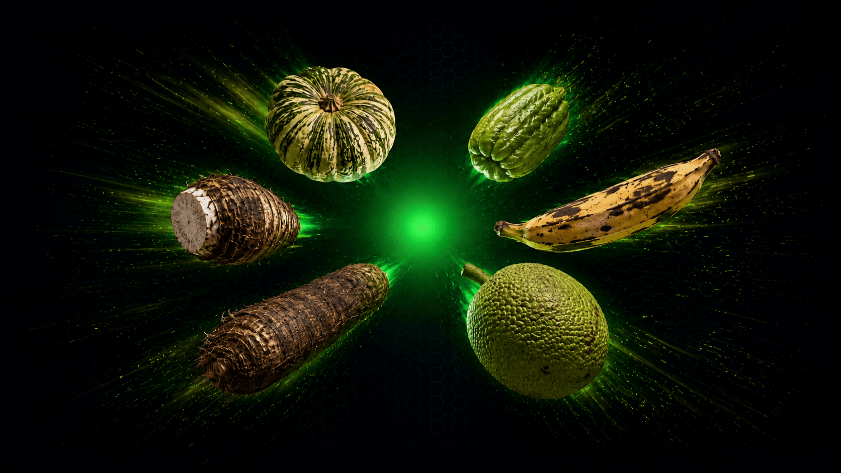 Aliments locaux : giraumon, dachine, christophine, banane plantain, fruit à pain, igname
